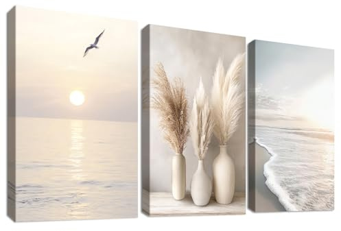3 st träramade canvasväggkonstverk Canvas-tryck Kust Strand Havsvågsmålning Poster Boho Pampasgräs Havsolnedgångsbilder för vardagsrum Sovrum Badrum Hall Väggdekoration 50x70 cm x3st