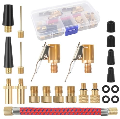 Lot de 23 adaptateurs pour valves de vélo - Compatible valves Schrader, Presta, Dunlop et Aiguilles - pour Pompe à air avec boîte de Rangement