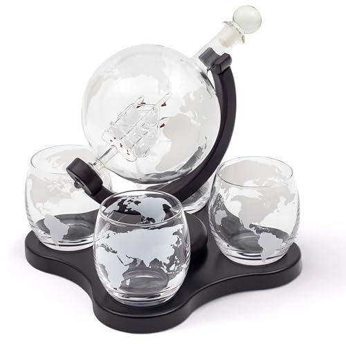 Hansekök whiskykaraff set – glob karaff 900 ml med 4 whiskyglas – elegant whiskykaraff set för män – whiskypresentidé till födelsedag, fars dag eller jul