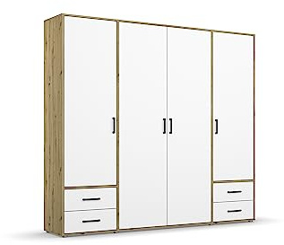 Rauch Möbel Voyager, Kleiderschrank für Schlafzimmer, Kinderzimmer, Jugendzimmer, Flur, 4-türig, 4 Schubladen, mit Zubehör Classic, Farbe Weiß/Eiche Artisan, Holz, Breite 187cm