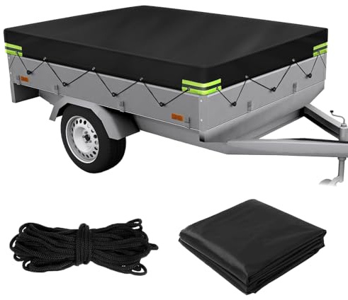 SKIKHN Telo per Rimorchio Auto,214x122x13 cm Telone Impermeabile per Rimorchio in Tessuto Oxford 420D,con Corda per Telone e Strisce Riflettenti,Antivento e Antistrappo,per Molte Auto,750 kg