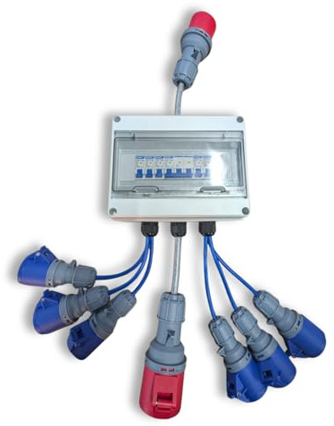 32A 5 Pin 3 Phase MCB Splitter Distribution Box With 32A 3P+N+E Output + 6 x 16A 3 Pin Single Phase Sockets, IEC EN 60309 Industrial Power Distribution, Durable Enclosure