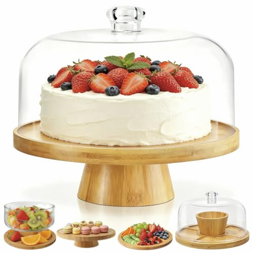 Bamboo Cake Stand with Acrylic Dome Lid, 29 cm Round Dessert Display | 6-in-1 Multi-Functional Charcuterie Board for Cheese, Chips and Dips