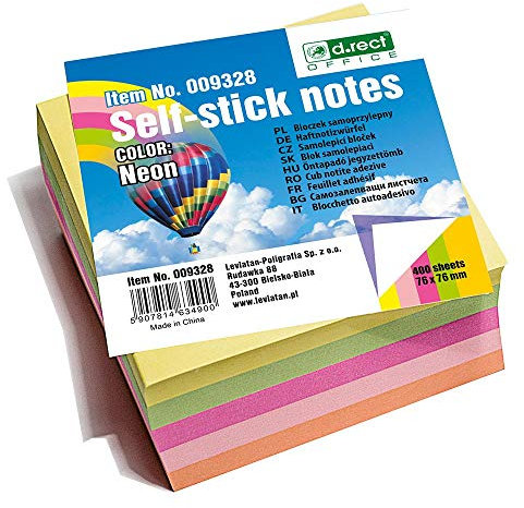 D.RECT | Bloc-notes Autocollant | Bloc-notes Autocollant Compact | 76x76mm 400 feuilles | Pour Coller Sur le Réfrigérateur, le Mur | Super Sticky Notes | Couleurs