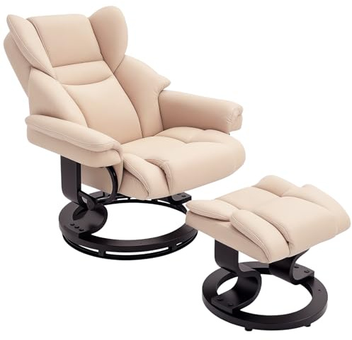 HOMCOM 360° Swivel Recliner Chair with Footstool, PU Leather Manual Recliner Armchair with Footstool, Solid Wood Base, Upholstered Reclining Chair for Living Room, Bedroom, Office, Cream