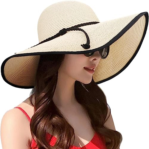 DRESHOW Femme Capeline Chapeau de Paille Chapeau à Large Bord Casquettes Anti-Soleil Respirant Pliable Rouleau Plage Cap Chapeau de Soleil UPF 50+