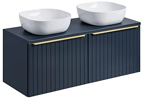 Lomadox Badezimmer Doppelwaschtisch mit 2 Aufsatzbecken in Indigo Blau mit goldenen Griffen, B/H/T ca. 120,4/63,5/46 cm