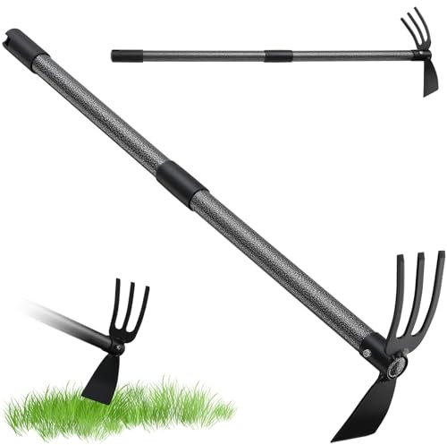 Harrms Hacke de jardín con mango de acero inoxidable, 76 cm, doble azada de 3 dientes, rastrillo de malas hierbas de metal, accesorios de jardín para aflojar, ventilar y despojar el suelo