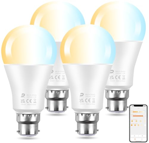 DUSKTEC 12W Smart Bayonet Bulb B22, 120W Equivalent Light Bulbs for Alexa, APP & Voice Control, Warm White to Daylight Dimmable Bluetooth Bulb Timer, A60 Energy Saving, 1200LM, No Hub, 4 Pack