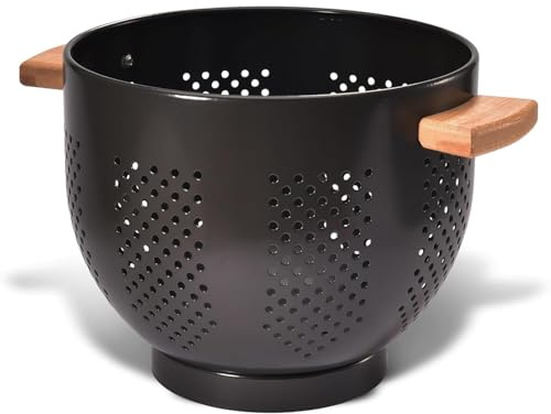 beifeier Passoire Cuisine Avec Manche en Bois et Base Stable, 29 x 22 x 18 cm, Poudre Sûr Alimentaire Enduite, Grande Passoire Métal pour Pâtes, Légumes et Fruits​​ (noir clair)