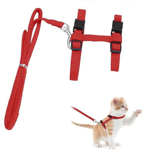 MagiSel Katzengeschirr Ausbruchsicher, Verstellbar, H-Form-Schultergurte, Sicherheitsschnalle, Metallclip, Dritter Gurt, Nylon, Rot, 20-35 cm, Für Kleine Katzen, Kaninchen Und Hunde