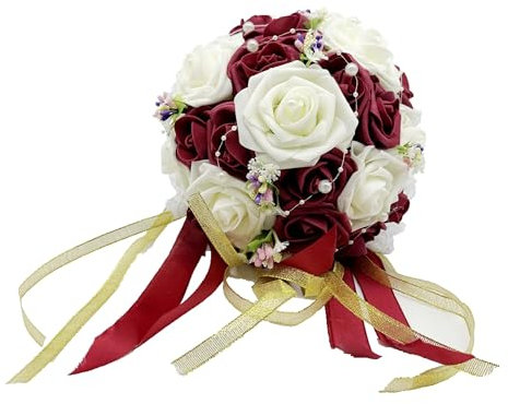 DOKUYIE DOKU-338-318 Bouquet de mariée avec roses rouges et perles Fait main