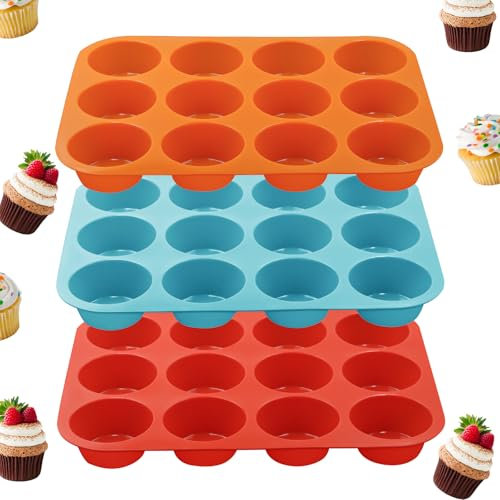 TOKSEO 3 stampi per muffin in silicone grandi per 12 muffin, stampo per muffin in silicone con rivestimento antiaderente, stampi da forno in silicone riutilizzabili (blu, rosso, arancione)