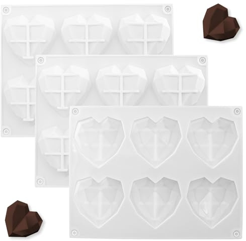 TOKSEO Lot de 3 moules en silicone 3D en forme de cœur - 6 cavités - Moule à glaçons en forme de cœur - Pour la cuisson de gâteaux au fromage, mousse, chocolat, glaçons