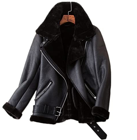 KaloKLU Women's Winter Flap Wool Jacket with Fur Collar, Zipped Parka, Warm Thick Outerwear, Leather Jacket, Lambskin Leather, Black, L