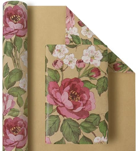 Geschenkpapier Kraftpapier Rolle, Geschenkpapier vintage Blumen Floral, Retro Bunt Rose Geschenkpapierrolle für Frauen Mädchen, Geschenkverpackung Papier für Geburtstag, Muttertag, 43CM X 10M