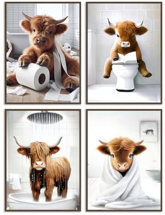 Dazzlewall 4Pcs Funny Highland Cow Bathroom Wall Art Posters, Rustic Farmhouse Cow Wall Art Prints for Toilet Bathroom Decor 8x10 in Unframed