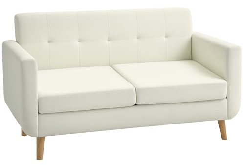 HOMCOM Sofá de 2 Plazas Sofá de Salón Moderno 138,5 cm con Reposabrazos y Patas de Madera Sofá Pequeño para Oficina Sala de Estar Crema