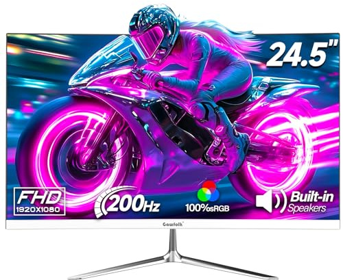 Gawfolk Gaming Monitor 24.5 Inch 200Hz Built-in Speakers, 180hz PC Monitor FHD 1080P Frameless Computer Monitors, VA,sRGB 100%, DisplayPort, HDMI, Eye Care, Wall Mount Compatible (White)