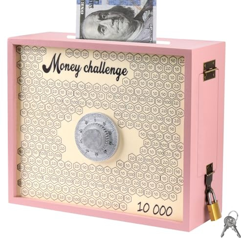 Mczcent 10000 Savings Challenge Box with Lock, Large Wooden 10k Money Saving Box Saver 10,000 Reusable Coin Money Challenge Cash Vault Savings Box Tracker Piggy Bank for Adults Kids, Pink