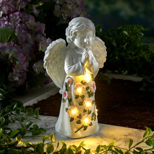 3 PAGEN® Angelo solare con fiori da giardino, angelo custode a LED, decorazione da giardino con luci solari Fairy Angel, statuette da giardino per esterni, decorazione funeraria e luce funeraria