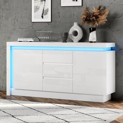 Credenza 140 x 35 x 72 cm, cassettiera per camera da letto, soggiorno, tavolino con 3 cassetti, armadio con ripiani regolabili e 2 ante, lucido, con LED