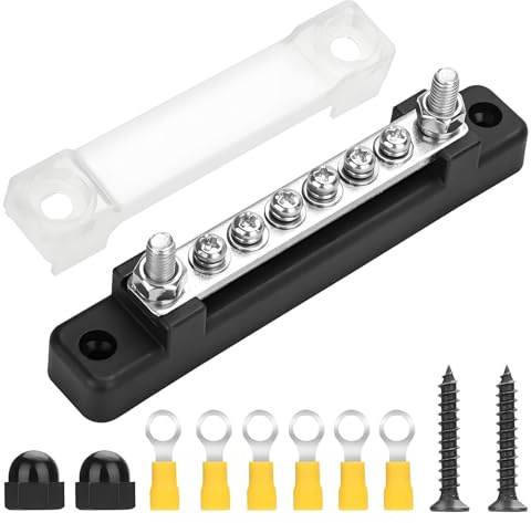 12V Bus Bar, 2 x 1/4 (M6) 6 x M4 Studs 48V DC Terminal Power Distribution Block 150A Terminals Battery Bus Bar Terminal Blocks for Car RVs Marine Boat Yacht Black