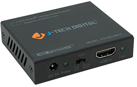 J-Tech Digital JTD18G-H5CH Extracteur audio HDMI 4K 60 Hz + sortie 3,5 mm compatible HDMI 2.0, bande passante 18 Gpb, HDCP 2.2, Dolby Digital/DTS Passthrough CEC, HDR10