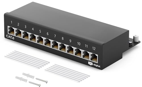 HB-DIGITAL 12-port CAT 6a LSA Patchpanel geschirmt Verteilerfeld Desktop & Wandmontage Patchfeld 12x RJ45 Buchsen für Netzwerk Ethernet LAN Kabel mit Erdungskabel - Schwarz