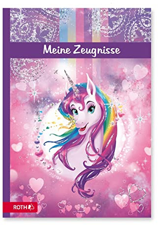 ROTH Zeugnismappe Einhornportrait mit Glitzereffekt - mit 10 A4 Klarsichthüllen, dokumentenecht - Dino Dokumentenmappe