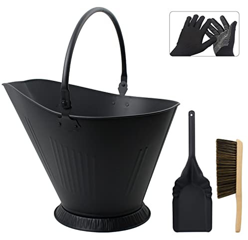 BRIAN & DANY Aschekübel, Metalleimer für Kamine, 12L Kohleeimer mit Schaufel und Handbesen, Werkzeugset Zubehör für Holzofen, Feuerstelle, Holzofen