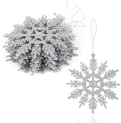 VEYLIN Hanging Decorations, 12PCS Glitter Snowflake Ornaments for Christmas Trees (Silver)