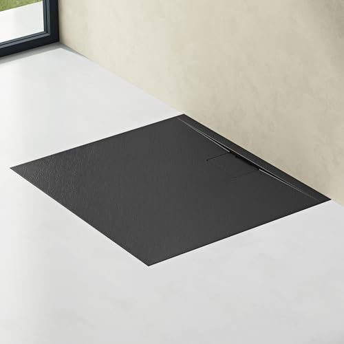 doporro Piatto Doccia Rettangolare 70x90 cm in Resina Minerale Antracito Effetto Pietra, Ultrasottile H 3 cm, Scarico Laterale con Piletta Inclusa – Geoma07