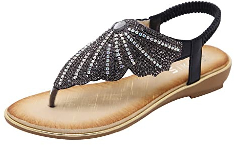 Sandals Women's Flat Toe Separator - Flat Sandals Women's Glitter Toe Post Sandals Shiny Rhinestone Butterfly Toe Sandals Retro Evening Shoes Elegant Flat Sandals Peep Toe Outdoor Sandals, black, 6 UK
