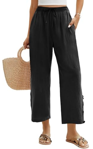 Niwicee Pantalones Mujer Verano Cintura Alta Elástico Pantalón de Pierna Ancha Casual Algodón Pantalón Fluido Playa de Salón con Bolsillos 7/8 Largo(Negro,XL)