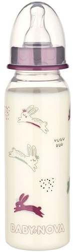 babynova Biberón de 240ml con tetina de silicona de flujo medio anti-cólicos para recién nacidos - Sin BPA - Conejos