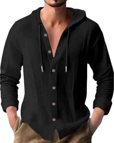 PRIVIMIX Mens Shirts Long Sleeve Linen Shirt Cotton Hooded Tshirt Button Down Lightweight Hoodies Top for Men Black XXL