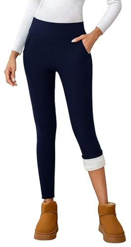 Legging Thermique Femme Hiver Chaud Legging Doublé Polaire Pantalon Taille Haute Leggings avec Poches de Sport Yoga et Détente, Bleu L