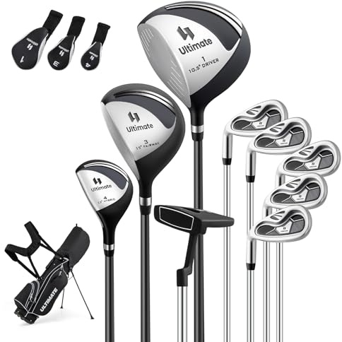 GYMAX Ensemble Complet de Clubs de Golf pour Homme Gaucher, Driver #1, Fer #6, #7, #8, #9 et P, Putter, Sac Trépied Portable avec Housse Anti-Pluie, Base Antidérapante (Noir)