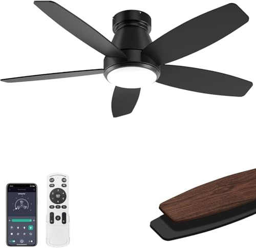 EKDADL 106CM Ventilatore da Soffitto con Luce e Telecomando Silenzioso, 106cm Dimmerabile Lampada Ventilatore da Soffitto con 5 Pale Doppie, Effetto Legno/Nero per Camera da Letto, Soggiorno (Nero)