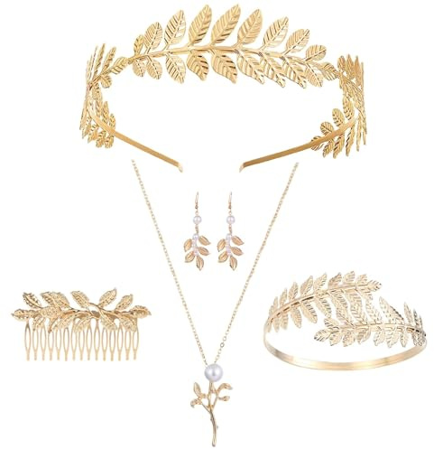 DIGNFENG 5 Pièces Set Bandeau Laurier Or Déesse Grecque, Bijoux Costume | Femme Couronne Feuille Bracelet Bras Serre-tête Bijoux Cheveux Accessoires