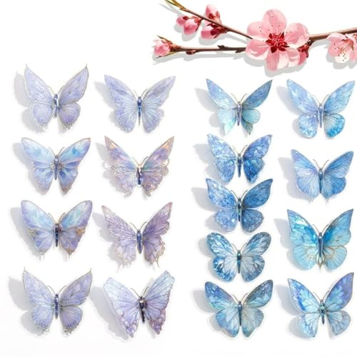 JOVYTH 20 pièces 3D autocollants muraux papillons, en plastique résistant aux chocs, autocollants pour maison, papillon 3D décoration, décoration pour fête (violet et bleu)