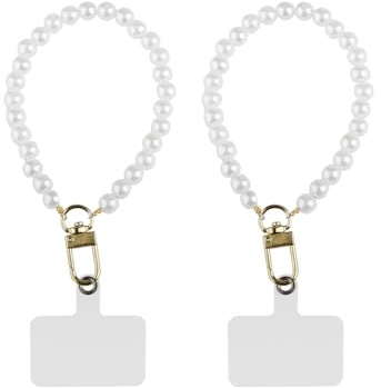 Hopzab 2PCS Pearl Phone Lanyard, White Bead Chain with Two Back Patch Straps, Universal Mobile Phone Strap, Necklace Pendant Accessory, Wrist Strap Attachment