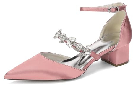 Generico Scarpe da Sposa in Raso con Tacco Blocco per Donna, Decolleté a Punta Stretta con Fibbia e Strass, Calzature Comode per Serate ed Eventi Speciali,Nude Pink,36 EU