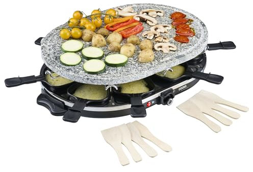 Cooks Professional Electric Raclette Grill 1200W with Stone Plate | Includes 8 Cheese Fondue Pans, Wooden Spatulas, Non-Stick Grilling Surface & Thermostat Control | Perfect for Parties & Group Dining