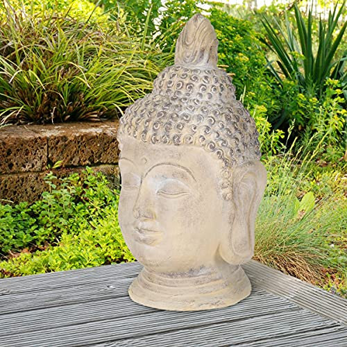 ECD Germany Cabeza de Buda Figura de Piedra Artificial Poliresina 78cm Color Beige/Gris Escultura Estilo Asiatico Figurilla Decorativa Feng Shui Estatua de Adorno para el Hogar y Jardín