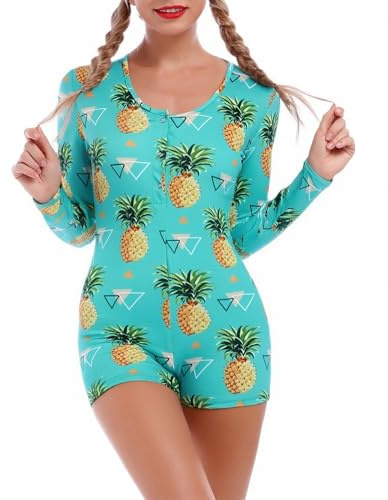 ABAFIP Women's Round Neck Long Sleeve Pajama Bodysuit One Piece Romper Bodycon Shorts Jumpsuit Cute Floral Print Overall Teddy Sleepwear Nightwear Pjs Green Medium