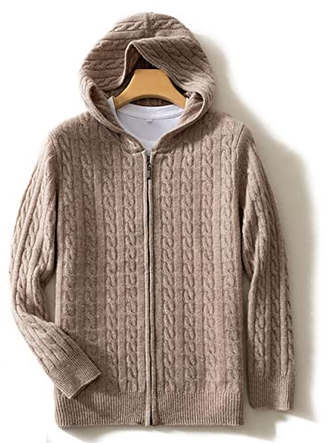 Felpe Cappuccio Invernali Maniche Lunghe Uomo, Maglia da Uomo in Maglia 100% Cashmere, Cardigan Sportivo Zip Cappuccio, Felpa Cappuccio (Color : Camel, Dimensione : L)