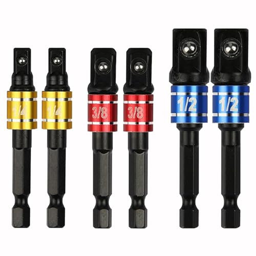 6 PCS Impact Driver Socket Adapter Set, 1/4 1/2 3/8 Inch Socket Adapter with Color Coded Rings, Extension Socket Adapter Set for Power Drill and Electric Screwdriver