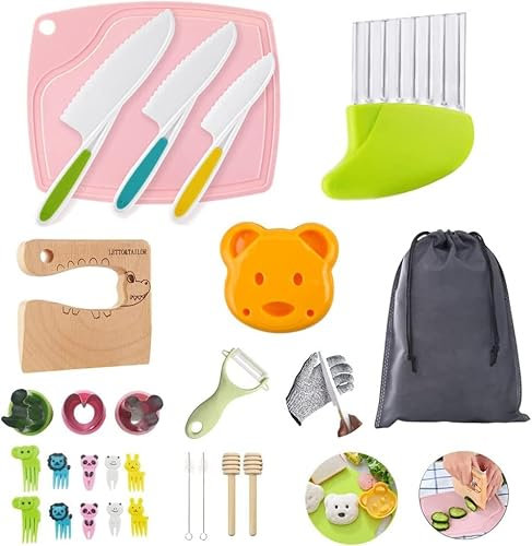 Kit Cuisine Enfant Couteau, Ustensiles Cuisine, Couteaux Montessori, Gants de Protection, Planche à Découper, Idéal pour Petits Chefs (kit 27 Pièces Couteau Enfant)